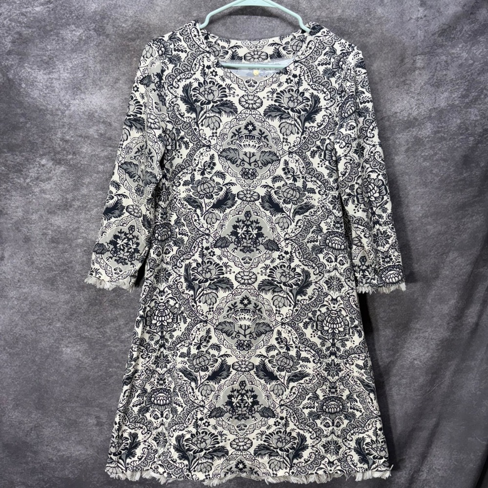 Spartina 449 Island Fringe Shift Dress Size M Damask Floral Cream Black Chic